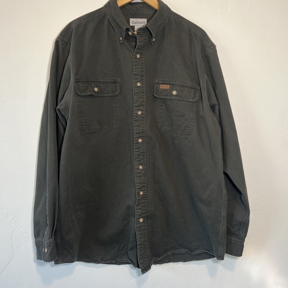 Carhartt Shirt Mens L Tall Gray Canvas Button Down Utility Shirt S09MOS - Picture 2 of 8
